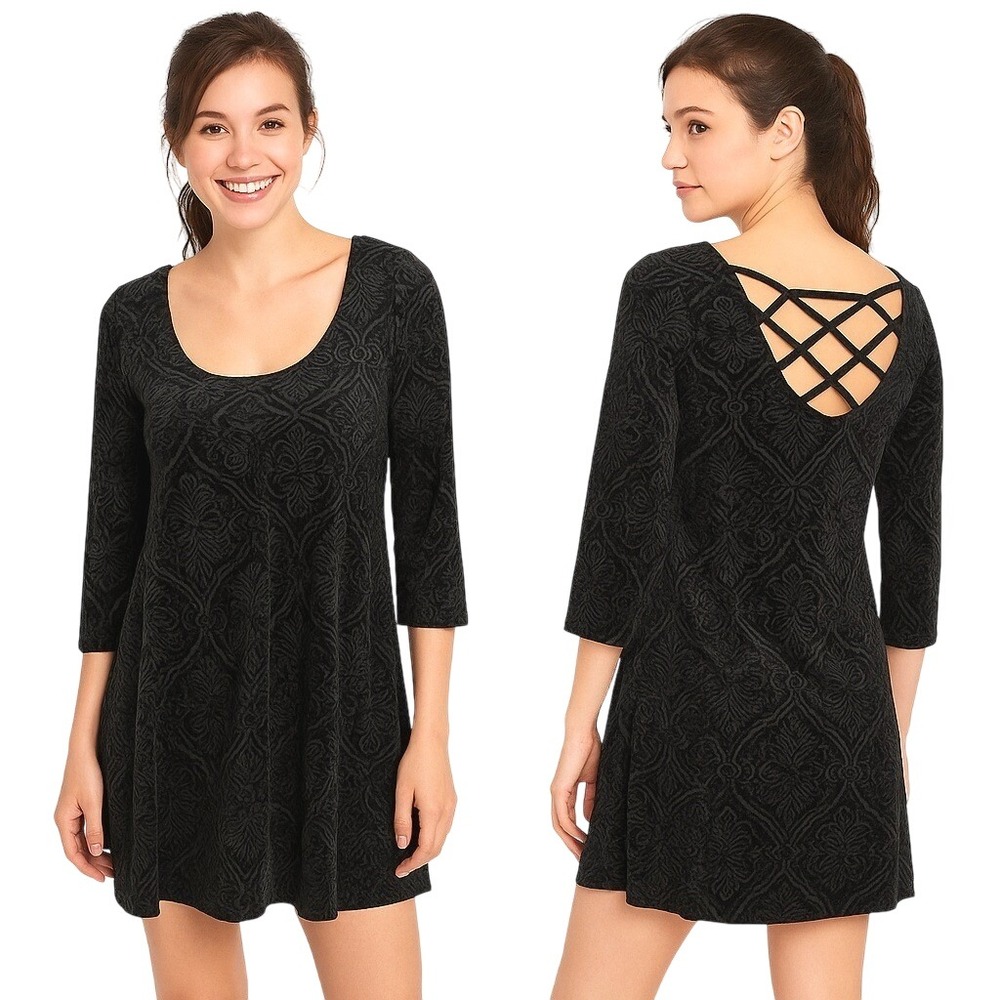 As U Wish Dress‎ Black Velvet Burnout Lattice Back A Line Cocktail Party Size L